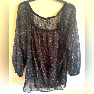 Ellen Tracy Ditsy floral black tunic 3/4 sleeve blouse size XL